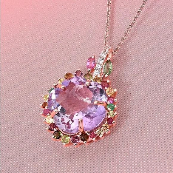 Amethyst & Tourmaline 14.85 ctw Necklace In Rose Gold Over Sterling Silver